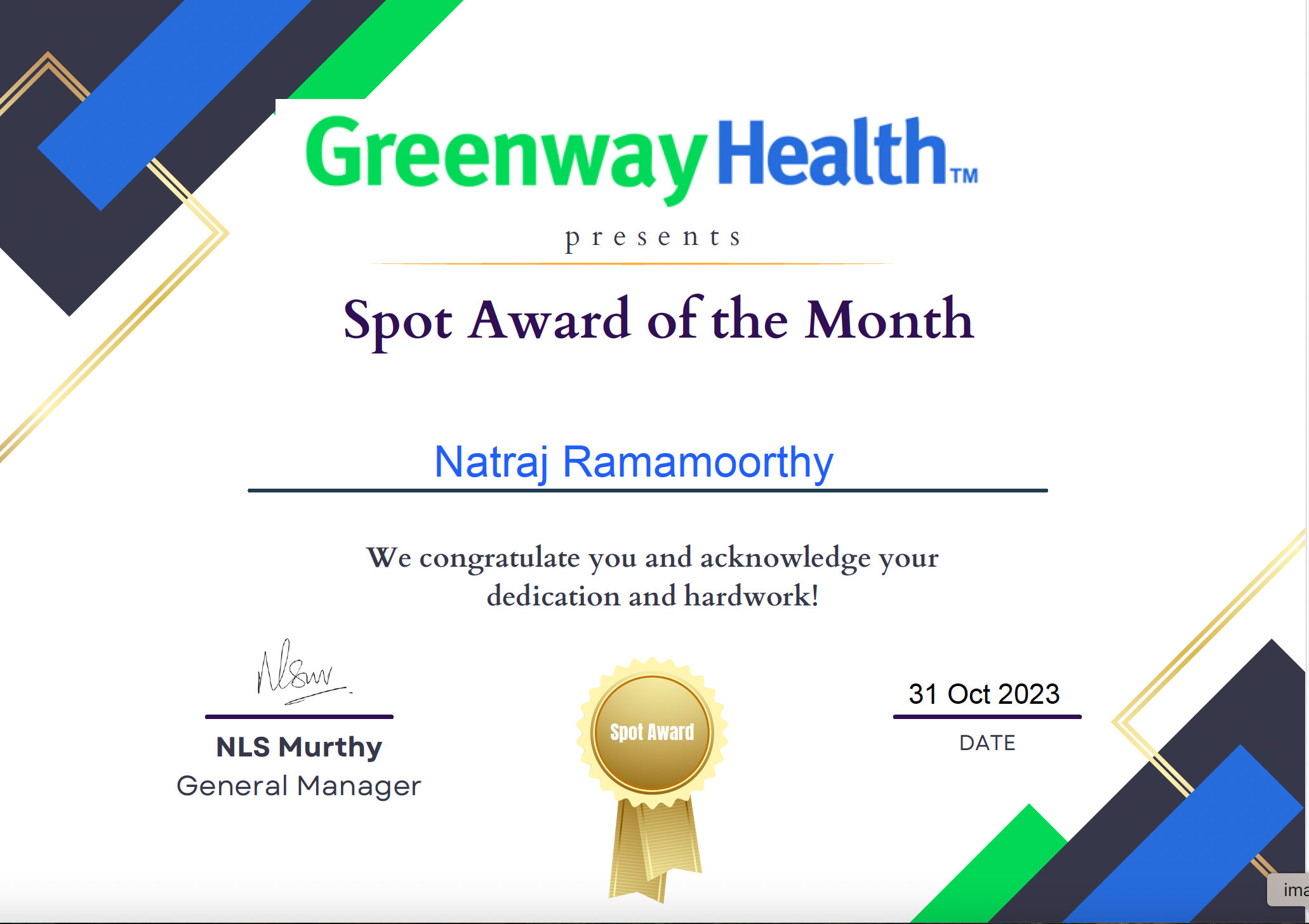 Spot Award For Excellence